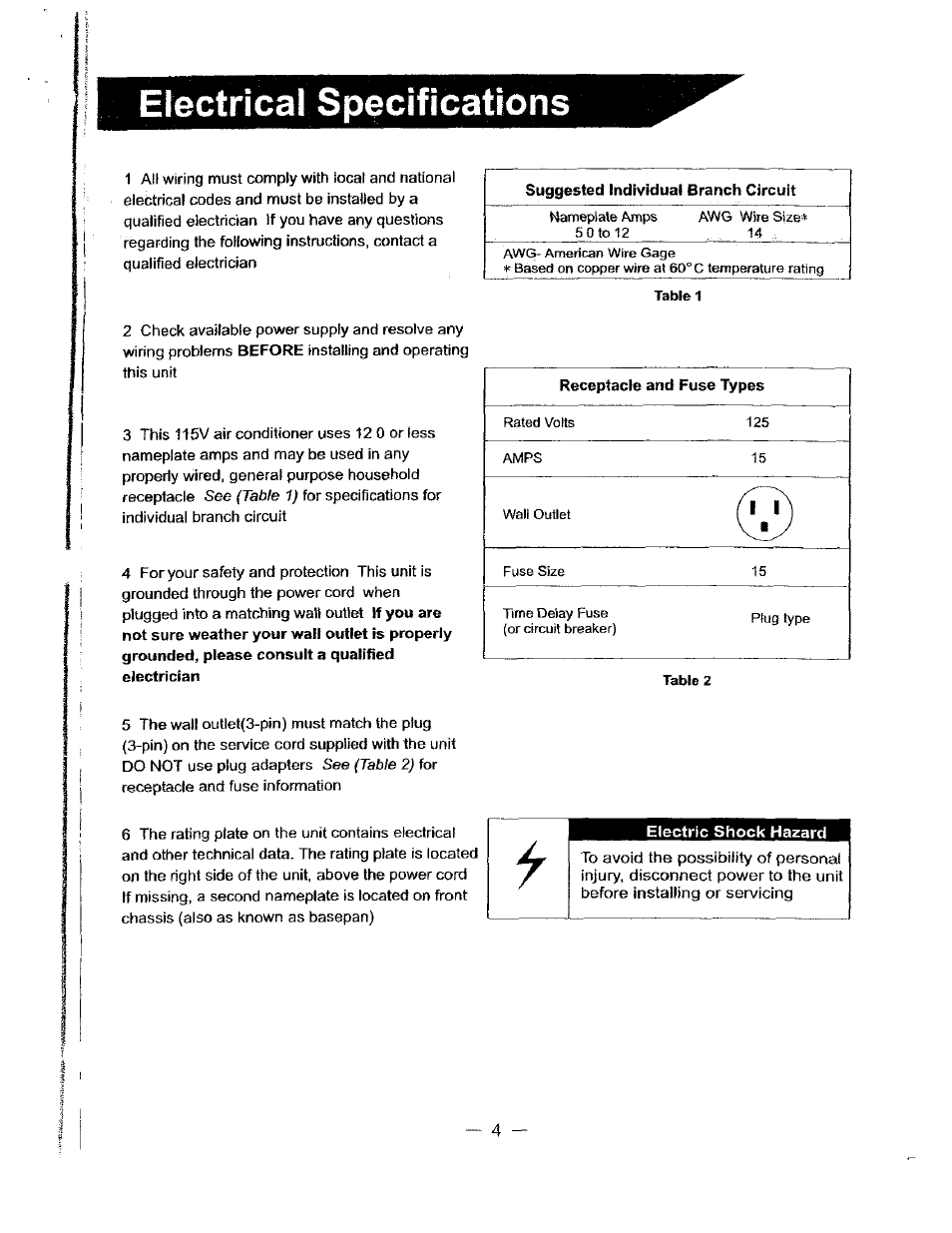 Suggested individual branch circuit, Electrical specifications | Bryant 463AAC008BA User Manual | Page 5 / 19