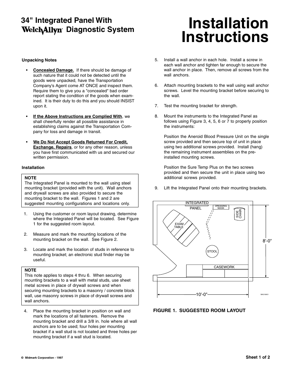 Welch Allyn 777 34 Wall Panel Instructions - Installation Guide User Manual | 2 pages