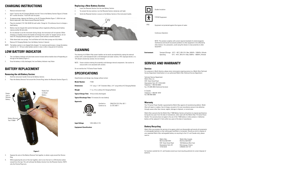 Charging instructions, Remove instrument head, Low battery indicator | Battery replacement, Removing the old battery secton, Replacing a new battery section, Cleaning, Specifications, Service and warranty, Service | Welch Allyn Lithium Ion InstructionManual - Installation Guide User Manual | Page 2 / 2