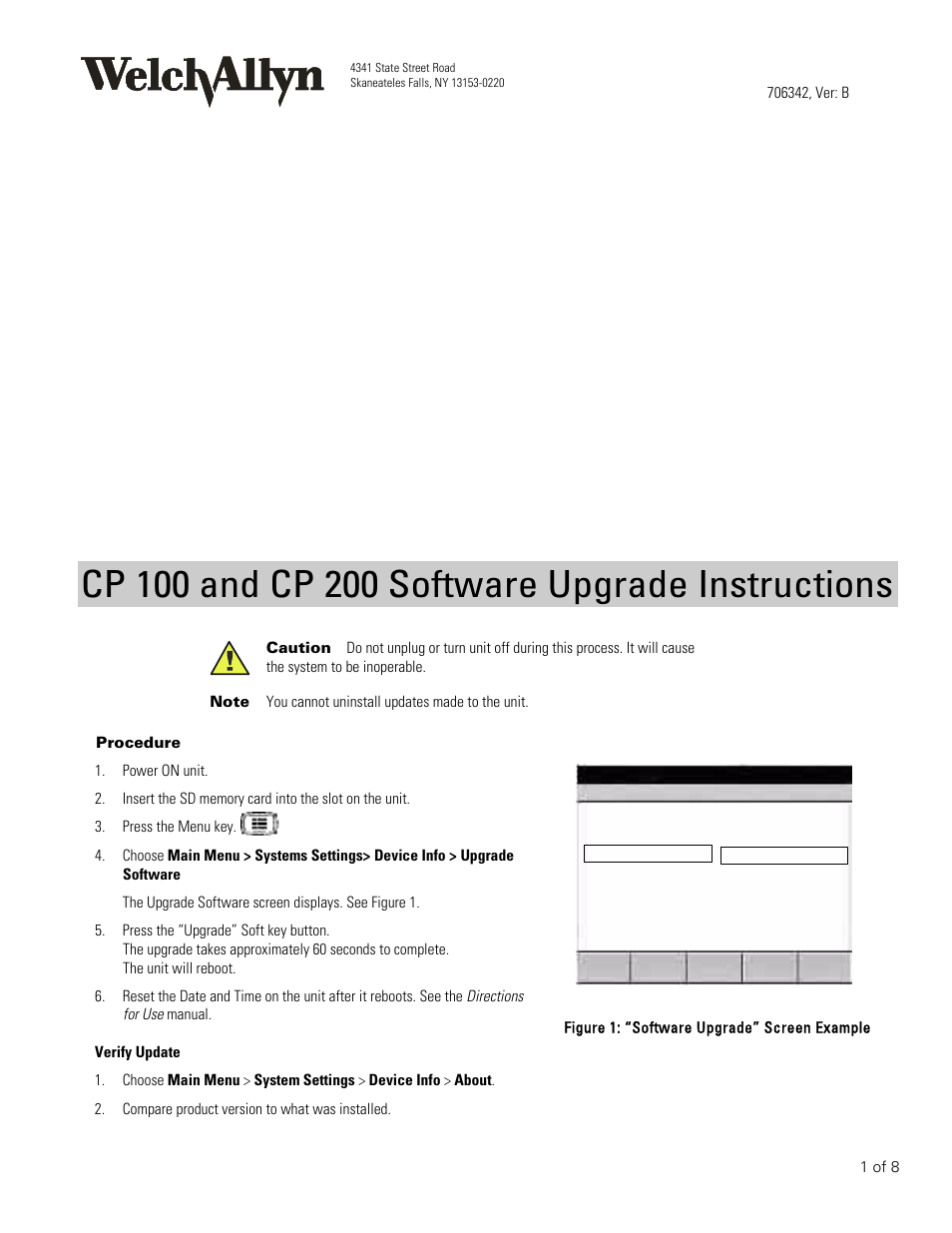 Welch Allyn CP100 And CP200 Software Upgrade Instructions - Installation Guide User Manual | 8 pages
