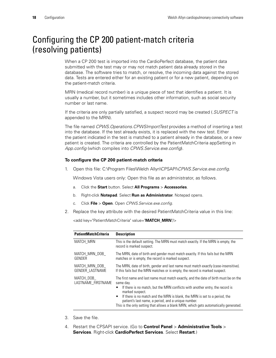 Configuring the cp 200 patient-match criteria, Resolving patients) | Welch Allyn CP200 Cardiopulmonary Connectivity Software - Installation Guide User Manual | Page 22 / 30