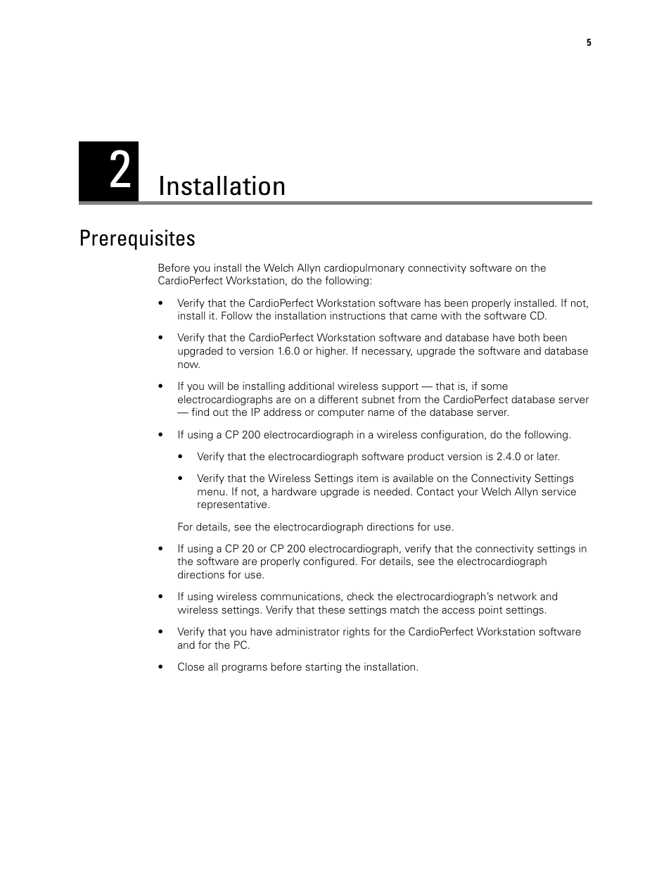 Installation, Prerequisites, 2 - installation | Welch Allyn CP200 Cardiopulmonary Connectivity Software - Installation Guide User Manual | Page 9 / 30