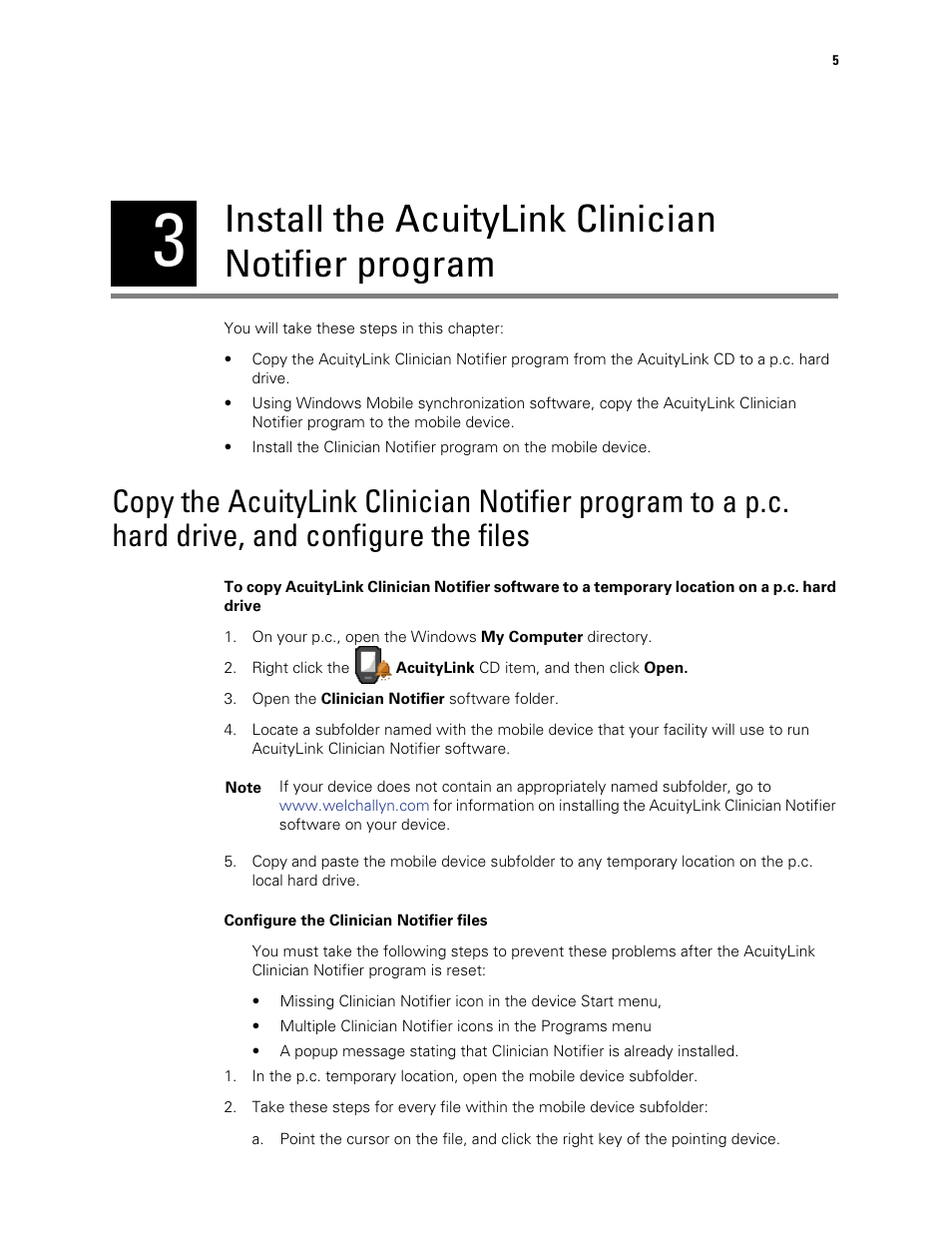 Install the acuitylink clinician notifier program | Welch Allyn Acuitylink Clinician Notifier, SW Install Instruction, Aculink Clin Not 1.4X - Installation Guide User Manual | Page 9 / 18