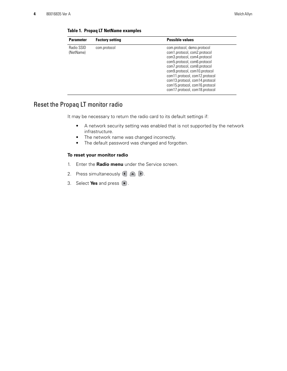 Reset the propaq lt monitor radio | Welch Allyn Propaq LT, Propaq CS and Micropaq monitor, Radio Configuration - Installation Guide User Manual | Page 4 / 14