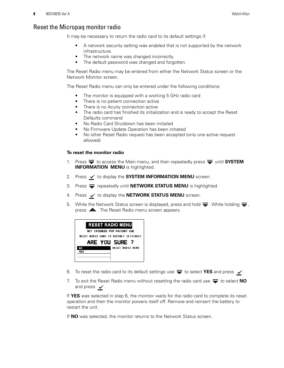 Reset the micropaq monitor radio | Welch Allyn Propaq LT, Propaq CS and Micropaq monitor, Radio Configuration - Installation Guide User Manual | Page 8 / 14