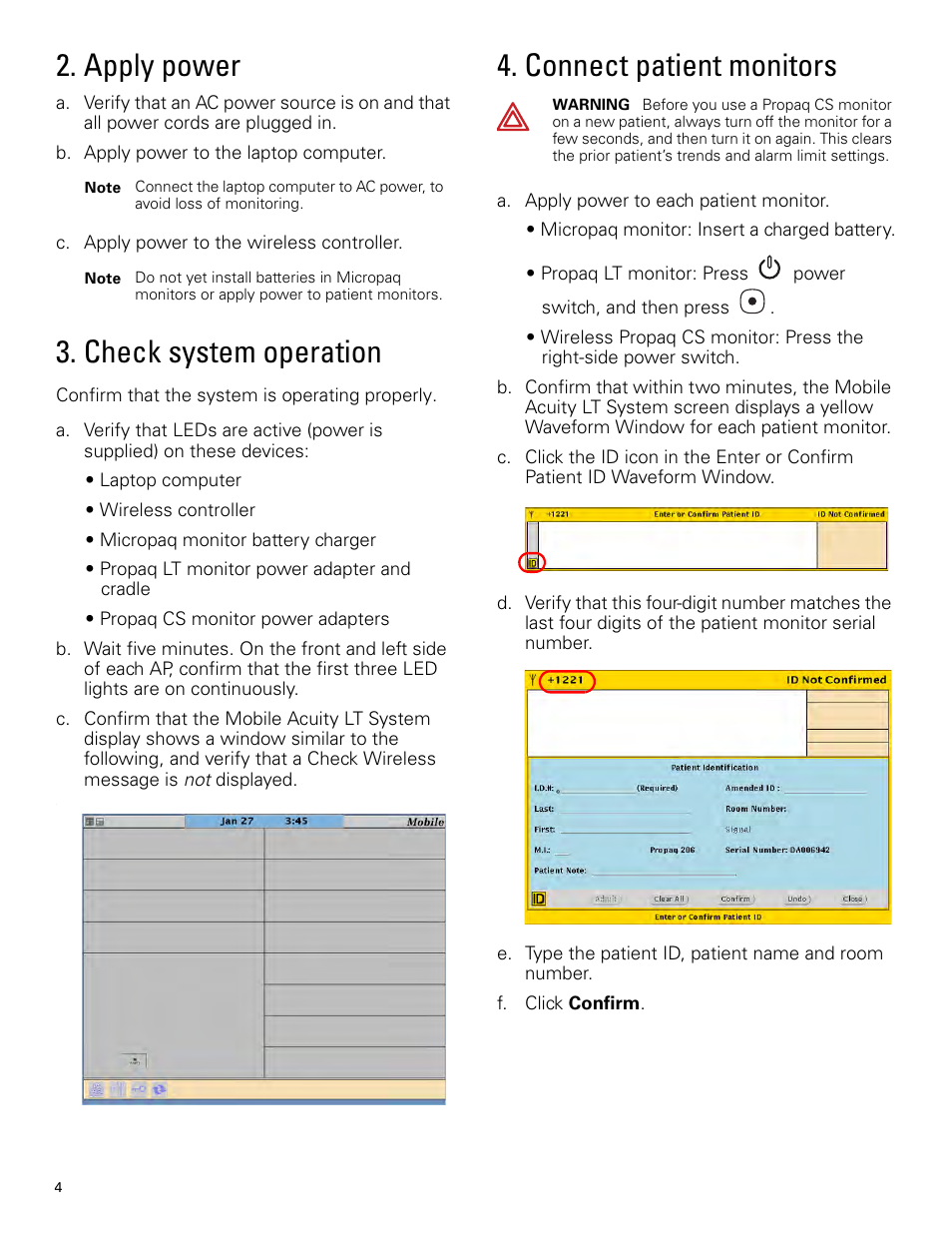 Apply power, Check system operation, Connect patient monitors | Welch Allyn Mobile Acuity LT - Installation Guide User Manual | Page 4 / 8