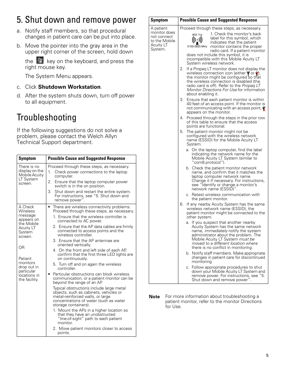 Shut down and remove power, Troubleshooting | Welch Allyn Mobile Acuity LT - Installation Guide User Manual | Page 5 / 8
