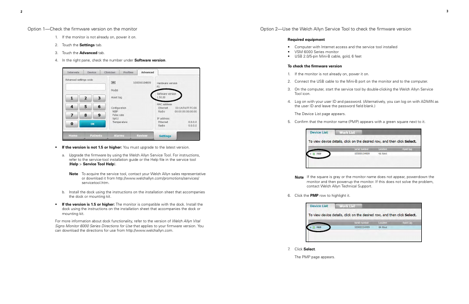Option 1—check the firmware version on the monitor | Welch Allyn Connex Vital Signs Monitor, Upgrade Sheet, VSM 6000, Braun Pro - Installation Guide User Manual | Page 2 / 2