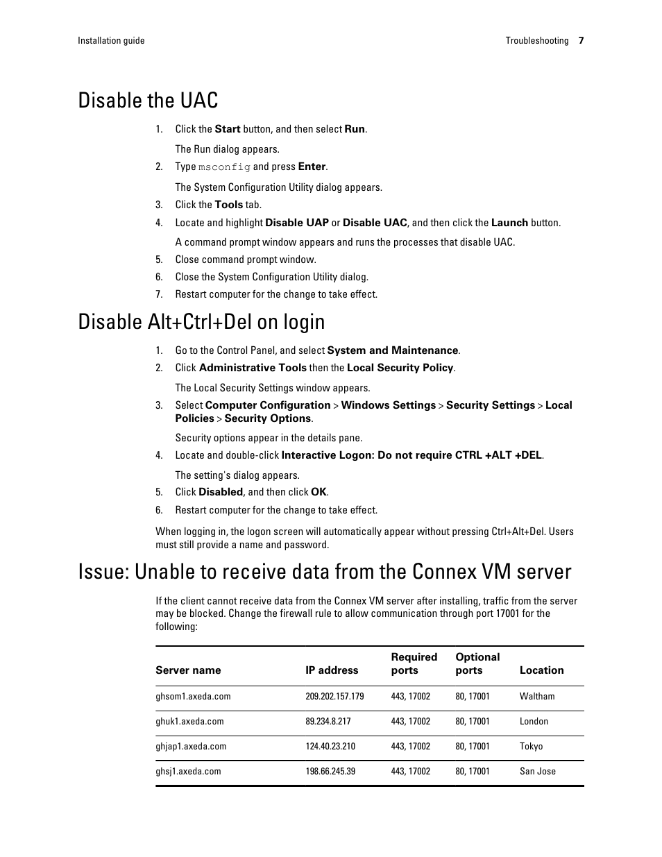 Disable the uac, Disable alt+ctrl+del on login | Welch Allyn PartnerConnect Software - Installation Guide User Manual | Page 11 / 23