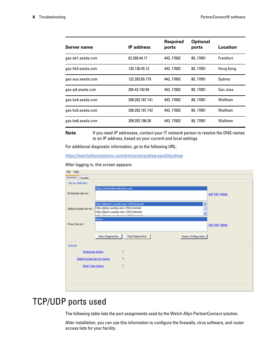 Tcp/udp ports used | Welch Allyn PartnerConnect Software - Installation Guide User Manual | Page 12 / 23