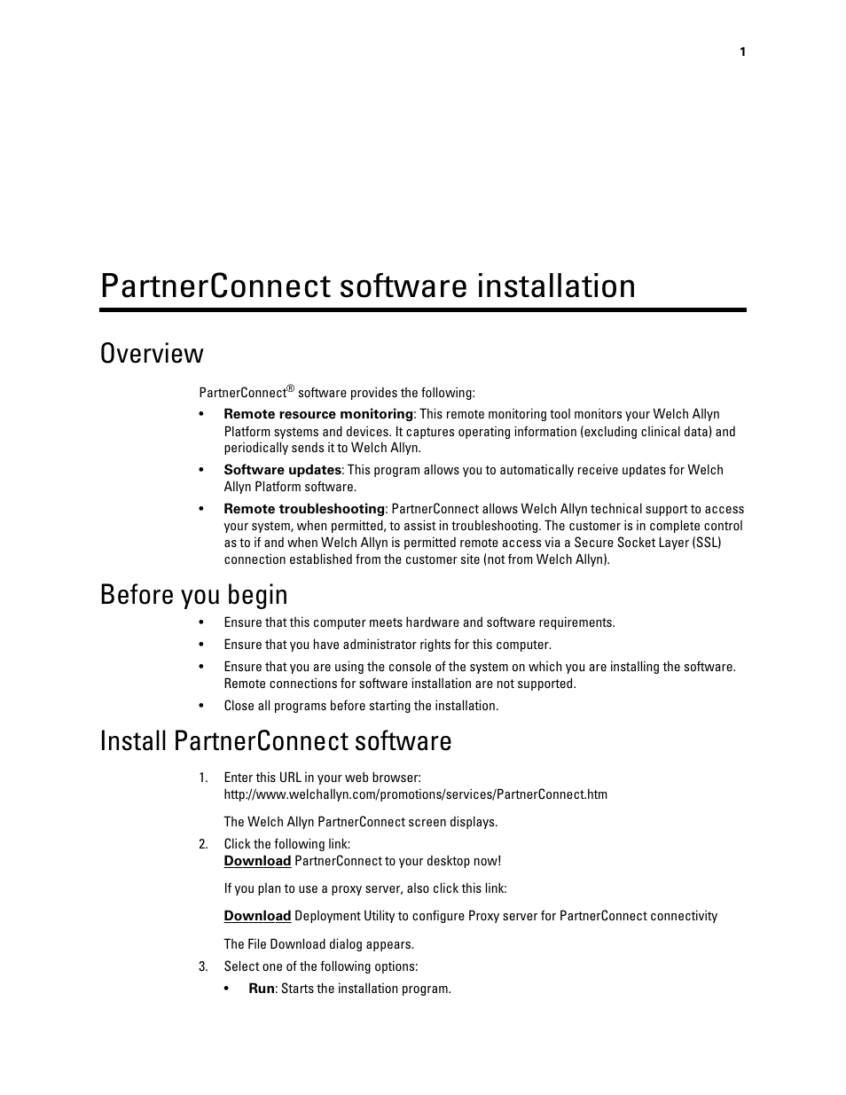 Partnerconnect software installation, Overview, Before you begin | Install partnerconnect software | Welch Allyn PartnerConnect Software - Installation Guide User Manual | Page 5 / 23