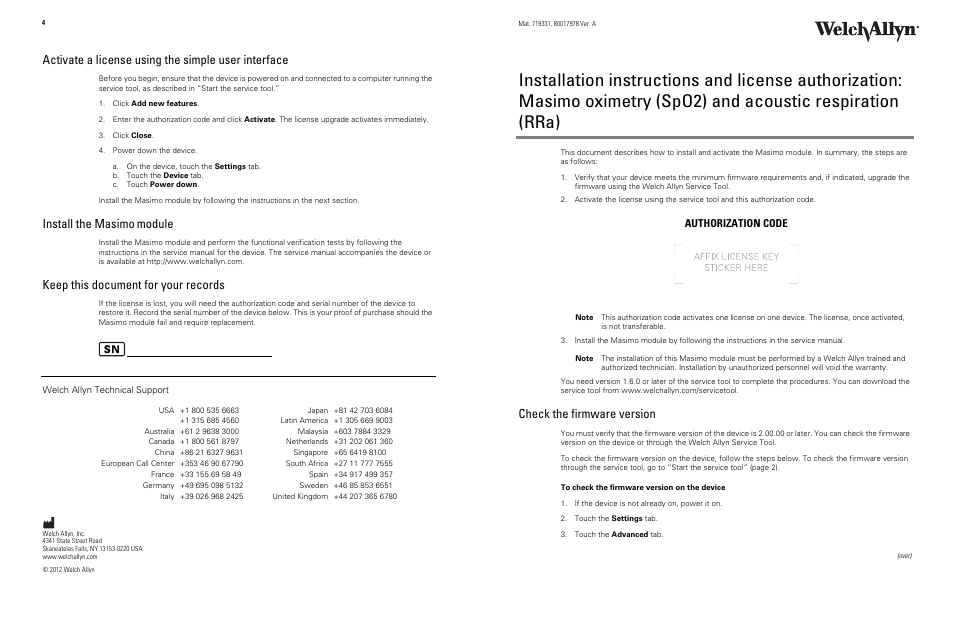 Welch Allyn Masimo Oximerty (SP02) and Acoustic Repiration (RRA) - Installation Guide User Manual | 2 pages