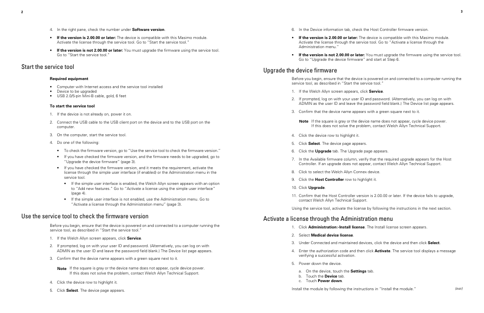 Start the service tool, Use the service tool to check the firmware version, Upgrade the device firmware | Activate a license through the administration menu | Welch Allyn Masimo Oximerty (SP02) and Acoustic Repiration (RRA) - Installation Guide User Manual | Page 2 / 2