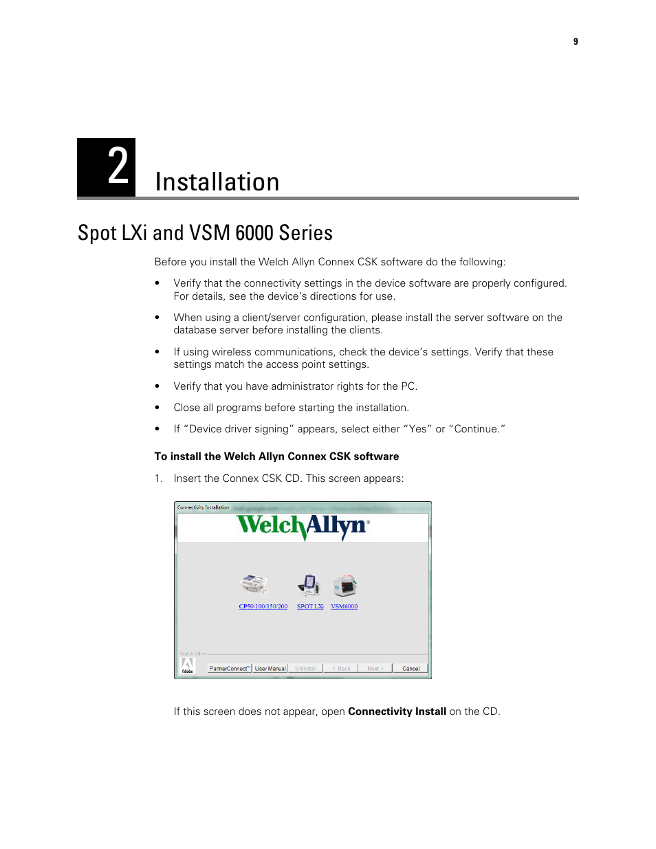 Installation, Spot lxi and vsm 6000 series, 2 - installation | Welch Allyn Connex CSK 4.1.X - Installation Guide User Manual | Page 13 / 46