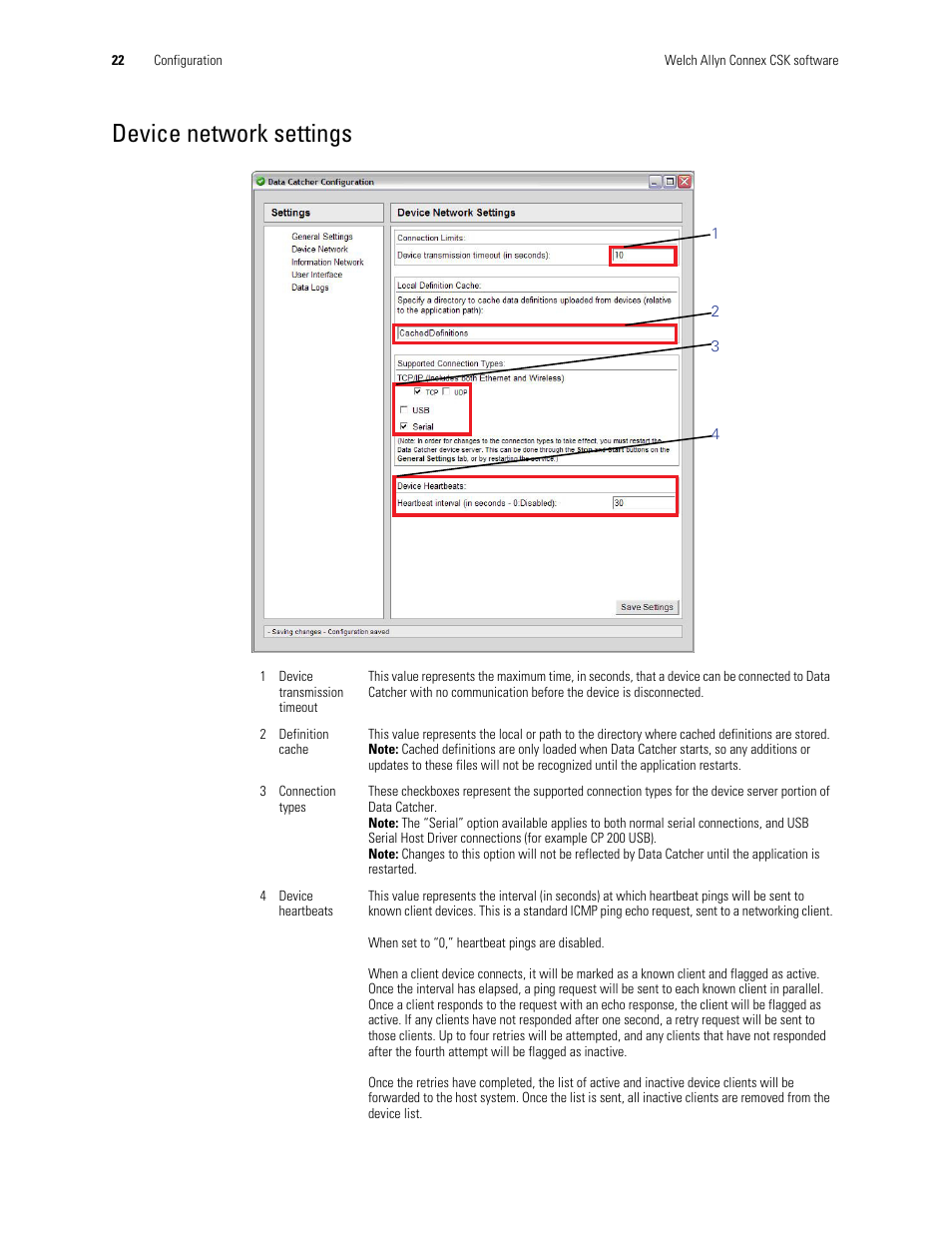 Device network settings | Welch Allyn Connex CSK 4.1.X - Installation Guide User Manual | Page 26 / 46