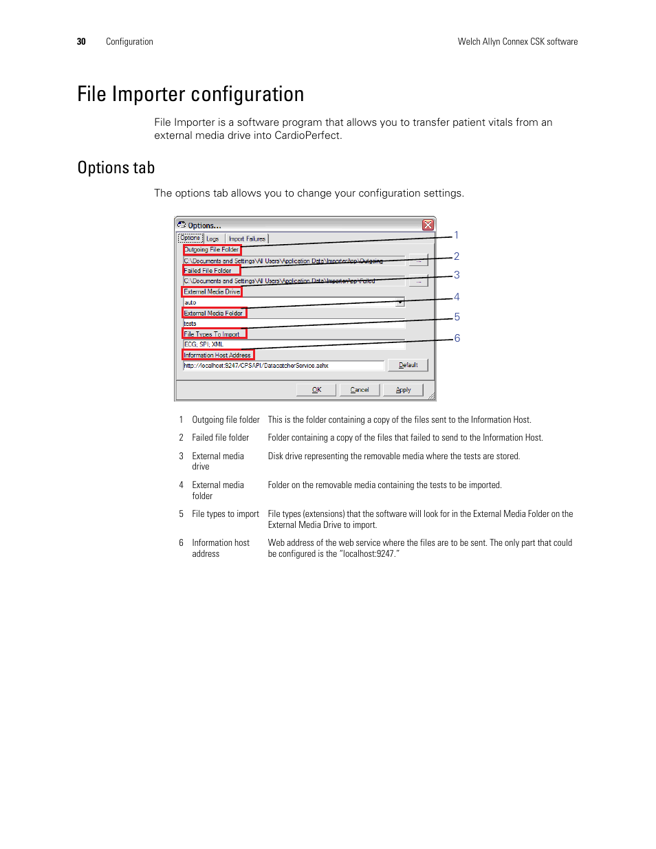 File importer configuration, Options tab | Welch Allyn Connex CSK 4.1.X - Installation Guide User Manual | Page 34 / 46