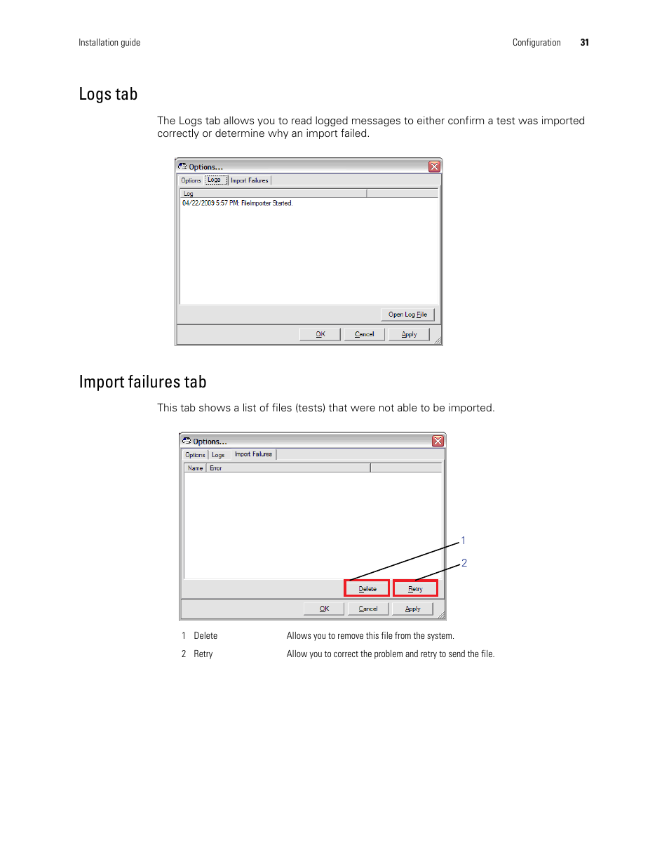 Logs tab, Import failures tab | Welch Allyn Connex CSK 4.1.X - Installation Guide User Manual | Page 35 / 46