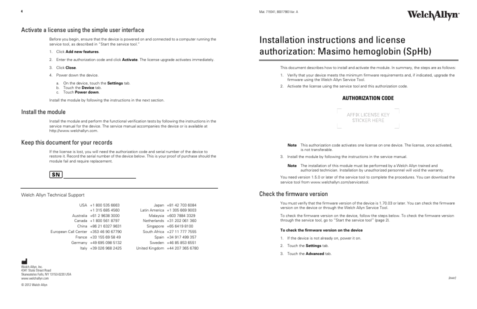 Welch Allyn Masimo Hemoglobin - Installation Guide User Manual | 2 pages