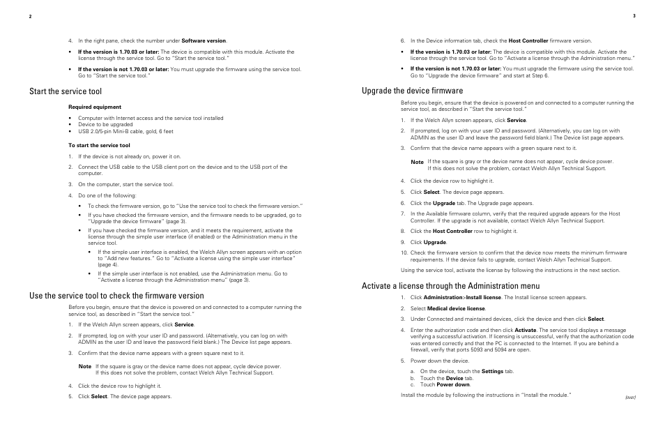 Start the service tool, Use the service tool to check the firmware version, Upgrade the device firmware | Activate a license through the administration menu | Welch Allyn Masimo Hemoglobin - Installation Guide User Manual | Page 2 / 2