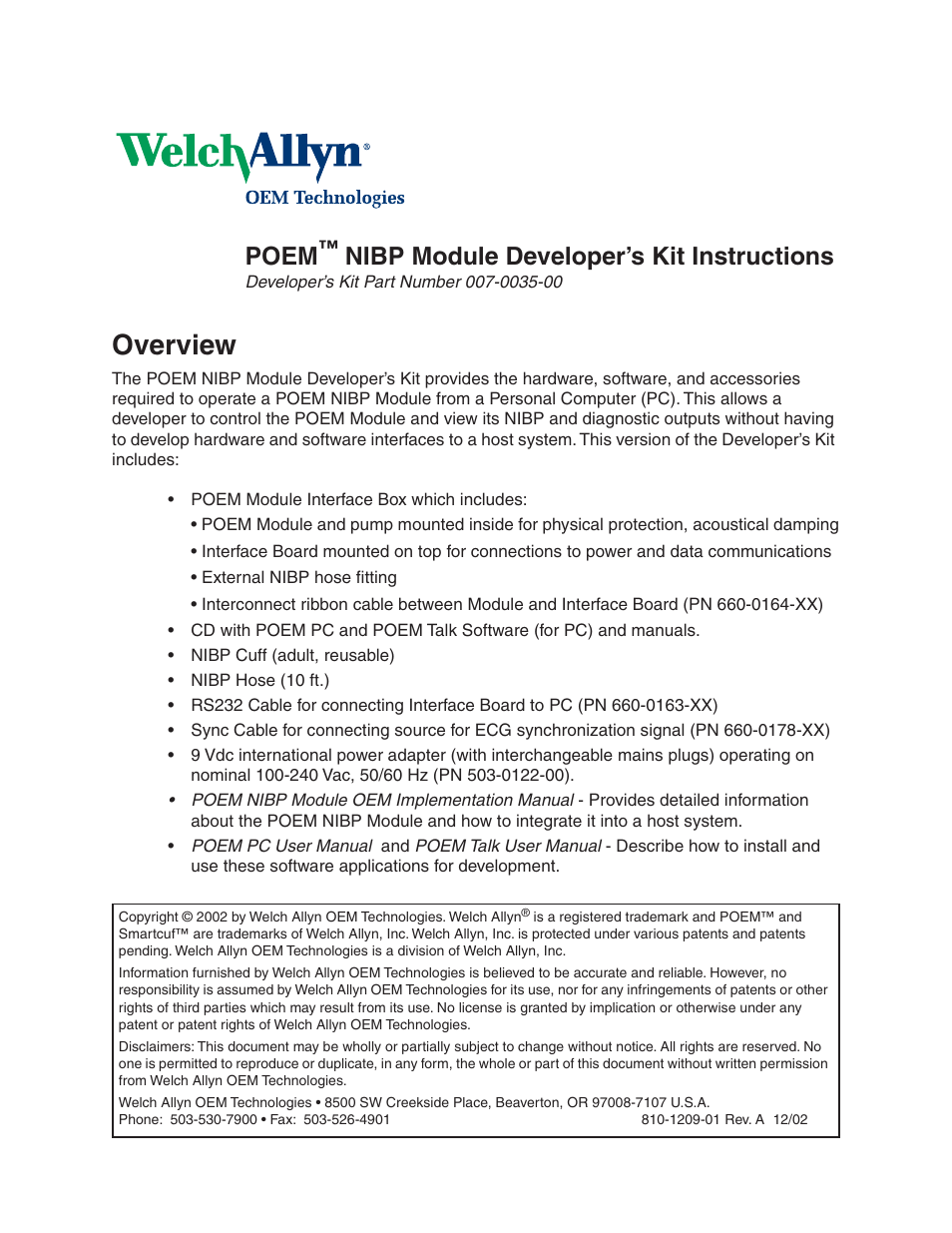 Welch Allyn Poem NIBP Module DeveloperS Kit Instructions - Installation Guide User Manual | 8 pages