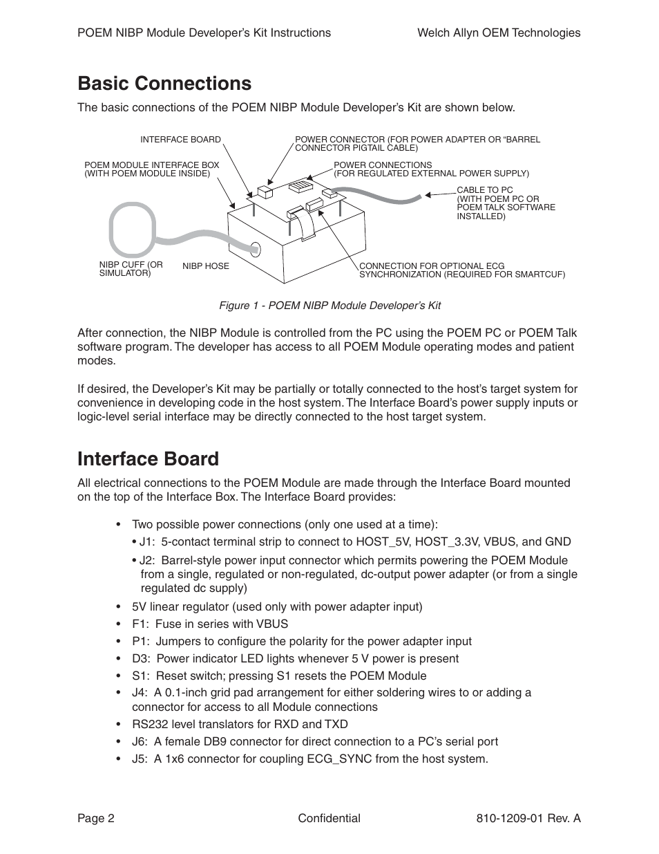 Basic connections, Interface board | Welch Allyn Poem NIBP Module DeveloperS Kit Instructions - Installation Guide User Manual | Page 2 / 8