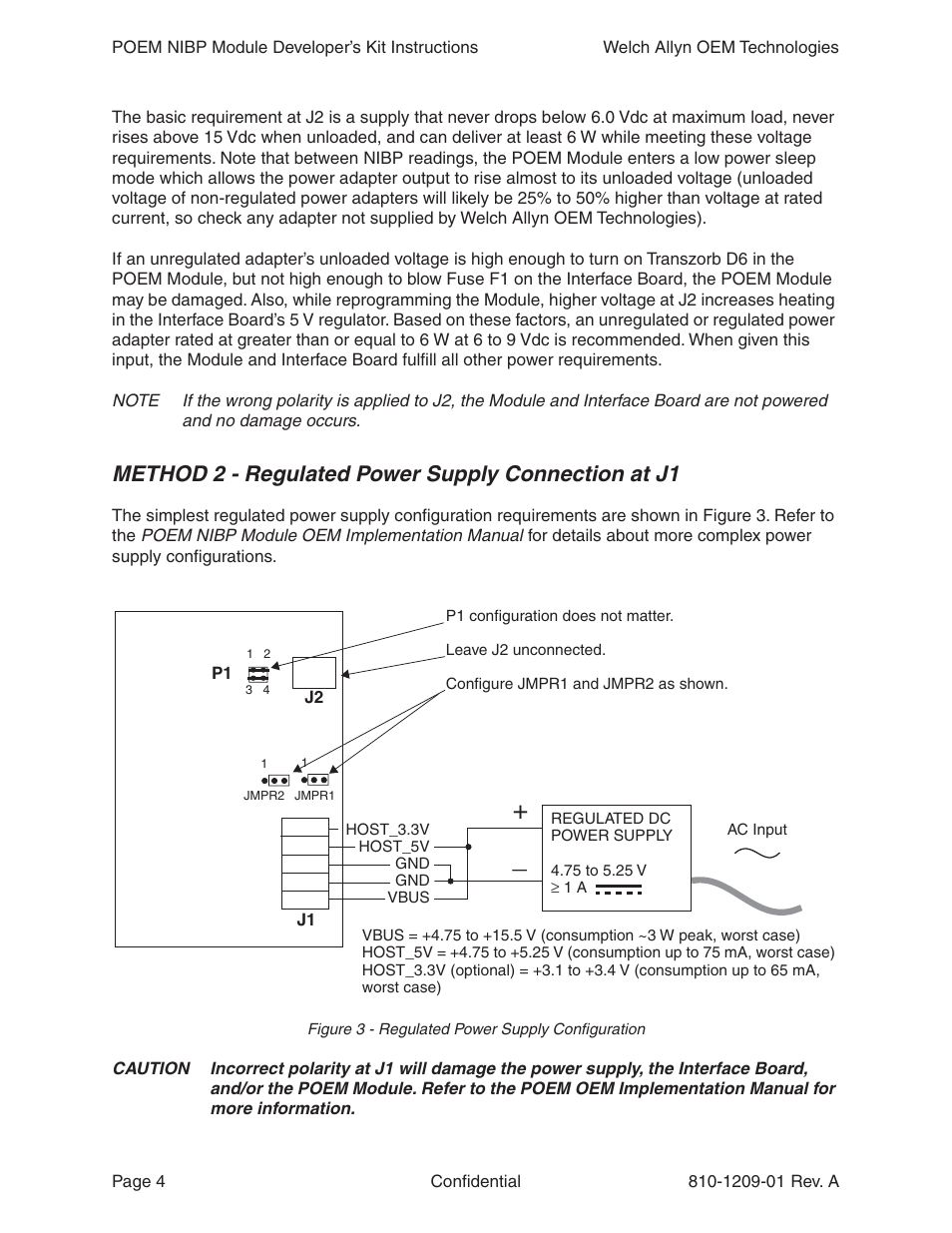 Method 2 - regulated power supply connection at j1 | Welch Allyn Poem NIBP Module DeveloperS Kit Instructions - Installation Guide User Manual | Page 4 / 8