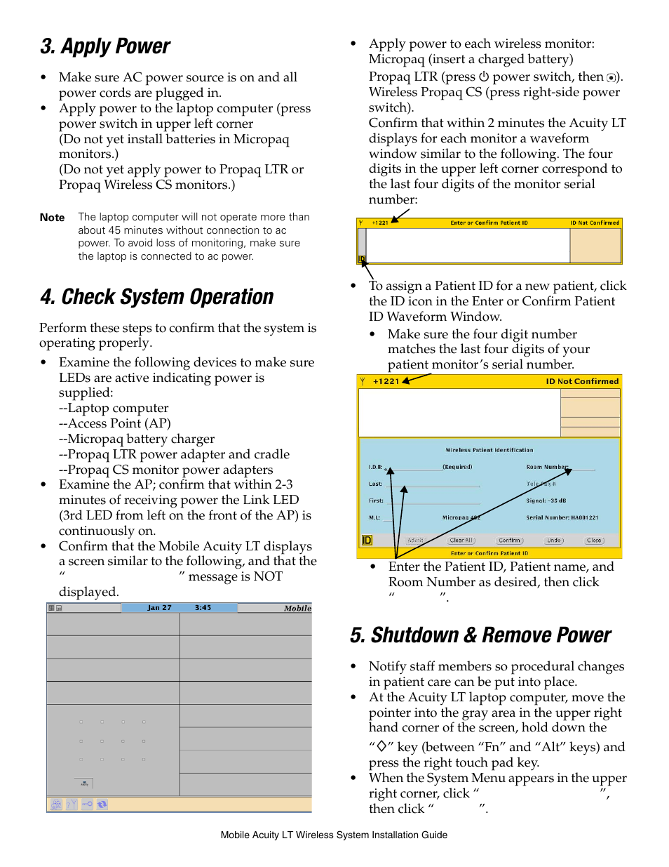 Apply power, Check system operation, Shutdown & remove power | Welch Allyn Acuity Mobile LT Central Station 810-1624-03A - Installation Guide User Manual | Page 3 / 4