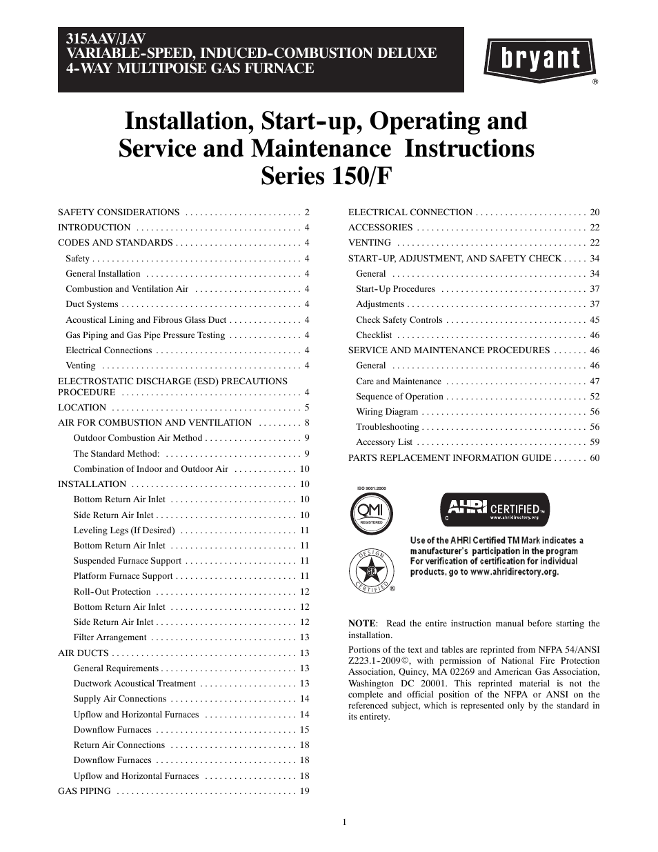 Bryant Gas Furance 315AAV User Manual | 60 pages