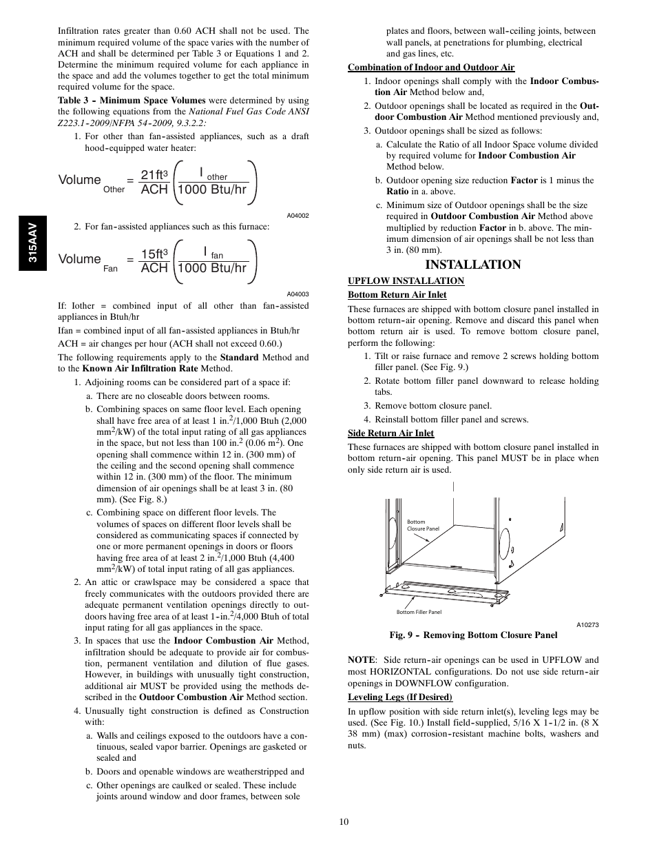 Volume, 21ft, Ach i | 1000 btu/hr, 15ft, Installation | Bryant Gas Furance 315AAV User Manual | Page 10 / 60