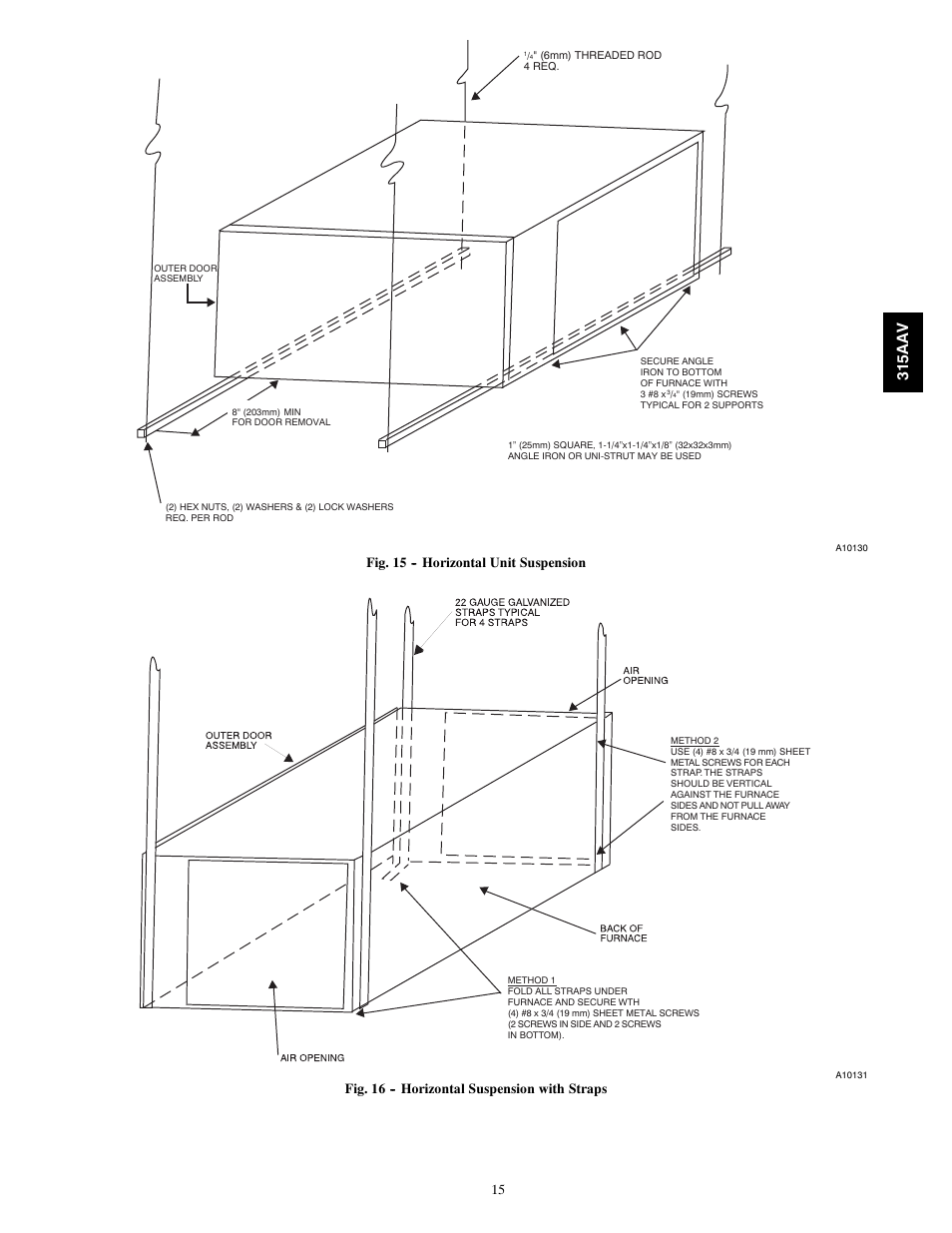 315aa v, Fig. 15 -- horizontal unit suspension, Fig. 16 -- horizontal suspension with straps | Bryant Gas Furance 315AAV User Manual | Page 15 / 60