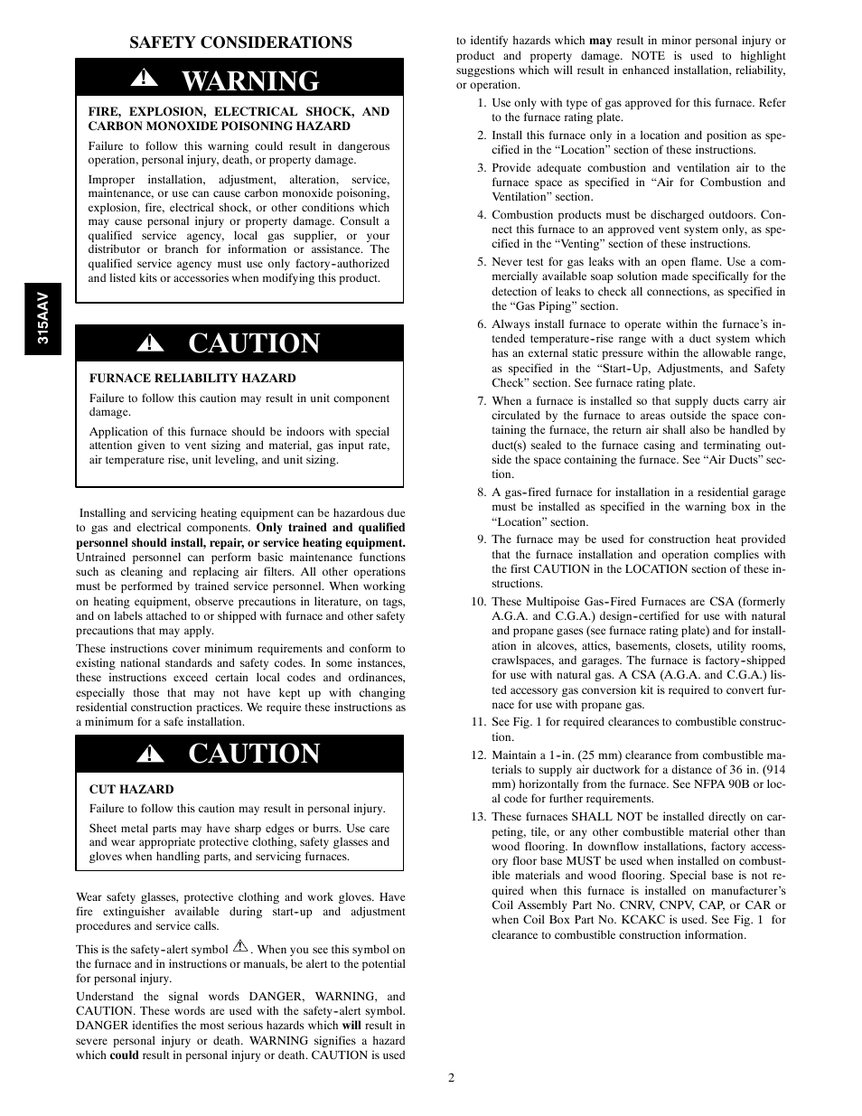 Warning, Caution, Safety considerations | Bryant Gas Furance 315AAV User Manual | Page 2 / 60