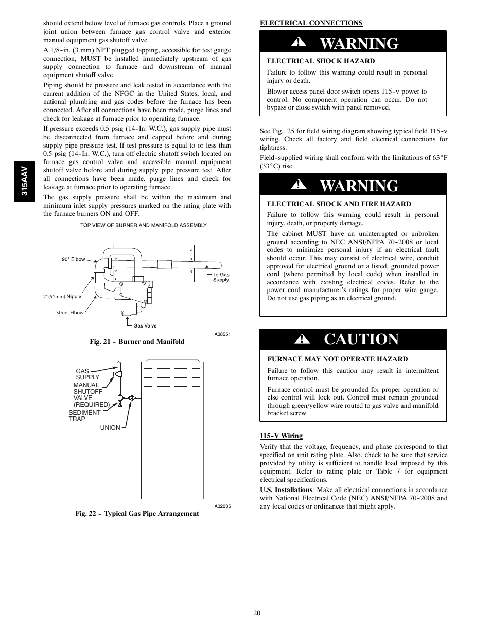 Warning, Caution | Bryant Gas Furance 315AAV User Manual | Page 20 / 60