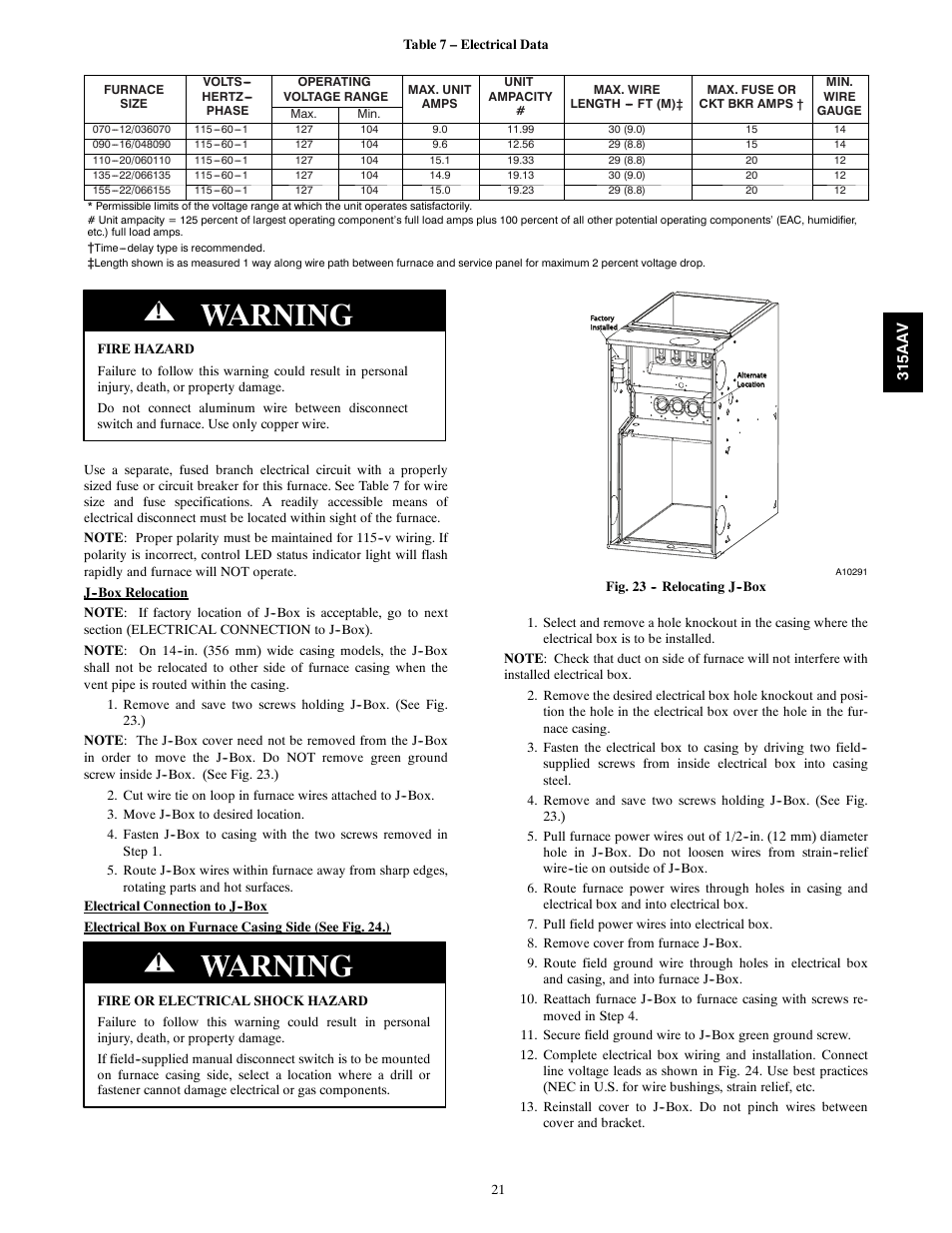 Warning | Bryant Gas Furance 315AAV User Manual | Page 21 / 60