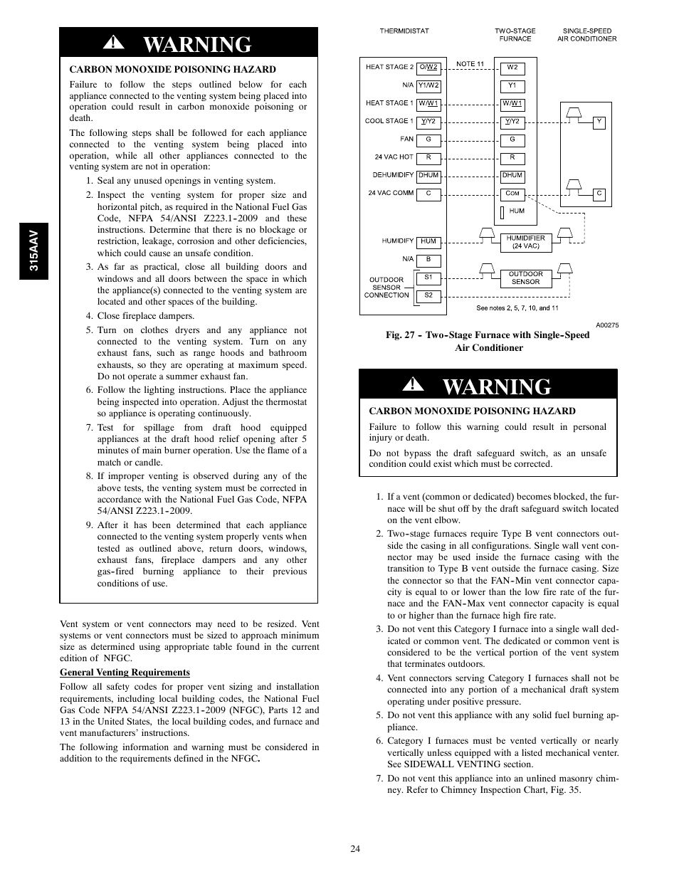 Warning | Bryant Gas Furance 315AAV User Manual | Page 24 / 60