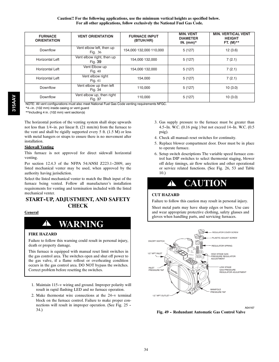 Warning, Caution, Start--up, adjustment, and safety check | Bryant Gas Furance 315AAV User Manual | Page 34 / 60