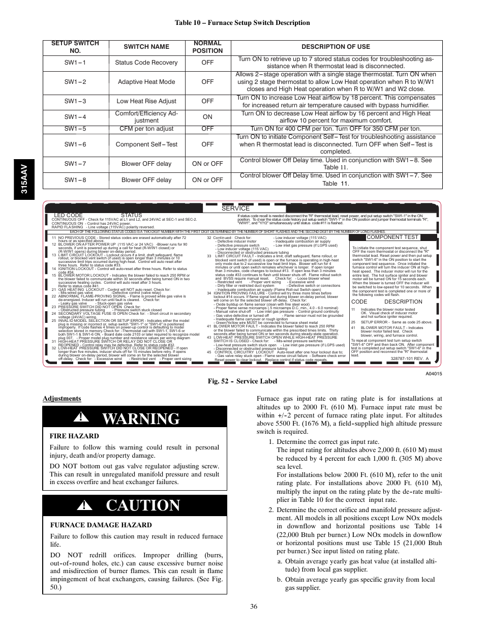 Warning, Caution, 315aa v | Bryant Gas Furance 315AAV User Manual | Page 36 / 60