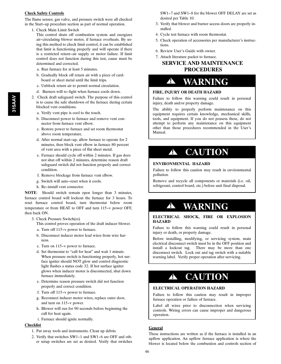 Warning, Caution, Service and maintenance procedures | Bryant Gas Furance 315AAV User Manual | Page 46 / 60