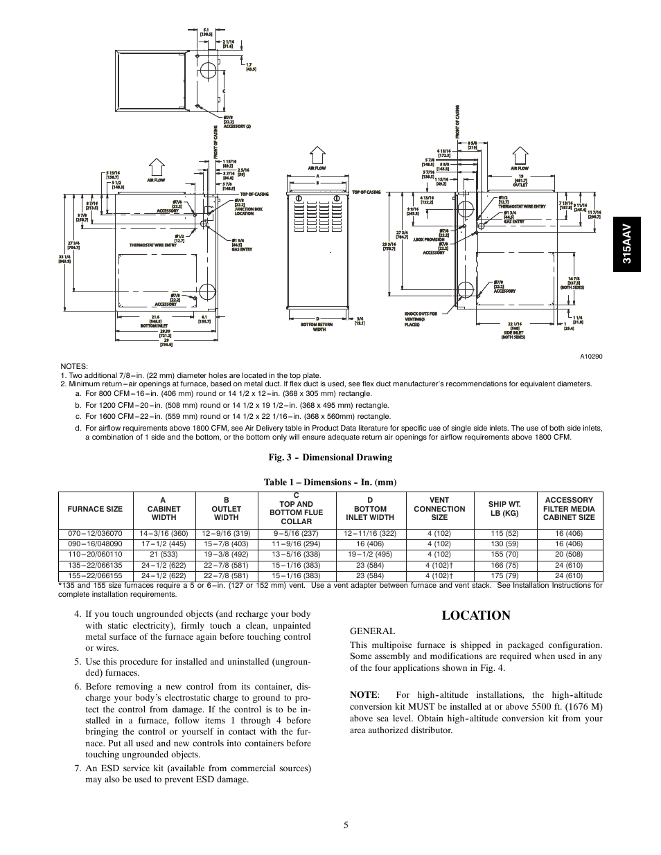Location, 315aa v | Bryant Gas Furance 315AAV User Manual | Page 5 / 60