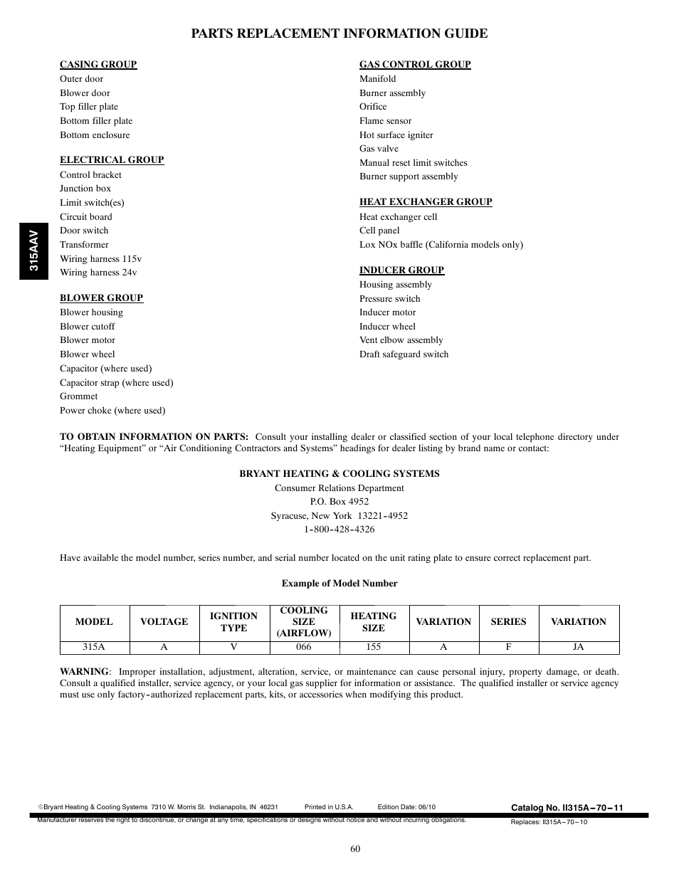 Parts replacement information guide | Bryant Gas Furance 315AAV User Manual | Page 60 / 60