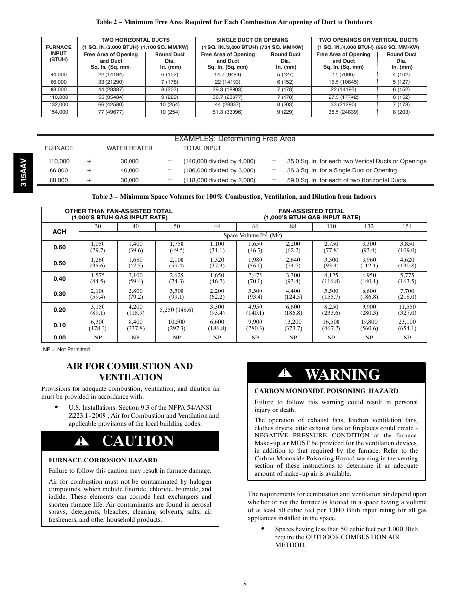 Caution, Warning, Air for combustion and ventilation | Bryant Gas Furance 315AAV User Manual | Page 8 / 60
