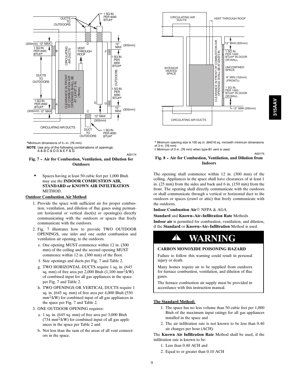 Warning, 315aa v | Bryant Gas Furance 315AAV User Manual | Page 9 / 60