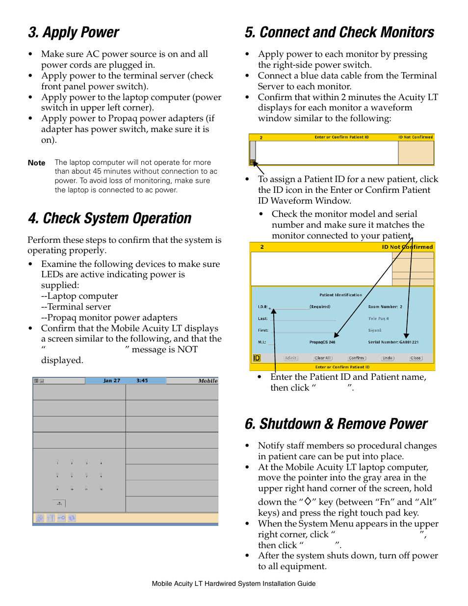 Apply power, Check system operation, Connect and check monitors | Shutdown & remove power | Welch Allyn Mobile Acuity Hardware Installation Guide, 810-1626-03A - Installation Guide User Manual | Page 3 / 4