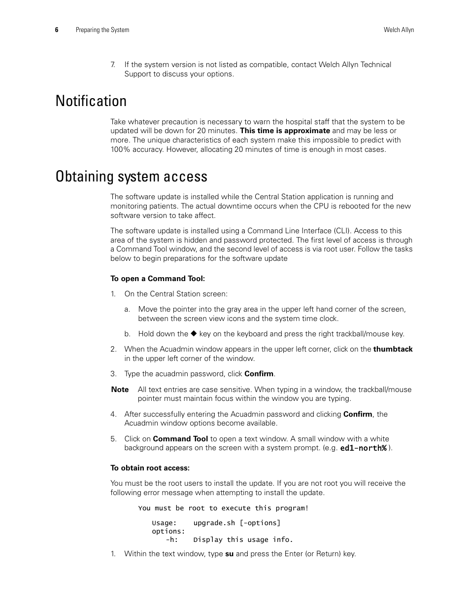 Notification, Obtaining system access | Welch Allyn Acuity Software Upgrade CD - Installation Guide User Manual | Page 10 / 28
