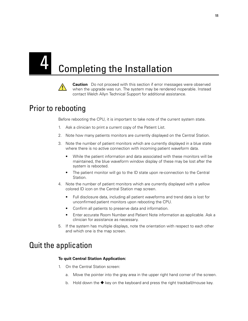 Completing the installation, Prior to rebooting, Quit the application | Welch Allyn Acuity Software Upgrade CD - Installation Guide User Manual | Page 15 / 28
