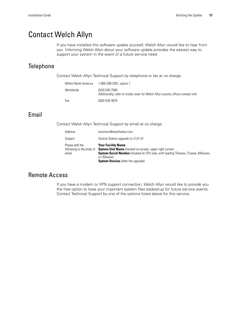 Contact welch allyn, Telephone, Email | Remote access | Welch Allyn Acuity Software Upgrade CD - Installation Guide User Manual | Page 21 / 28