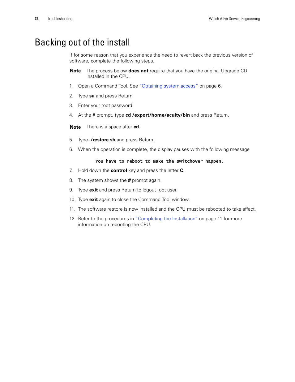 Backing out of the install | Welch Allyn Acuity Software Upgrade CD - Installation Guide User Manual | Page 26 / 28