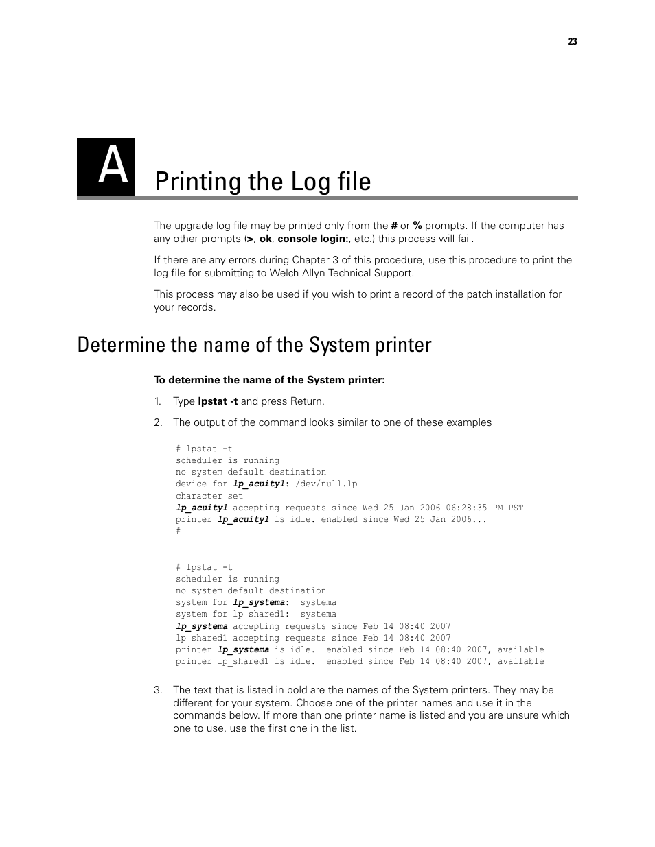 Printing the log file, Determine the name of the system printer | Welch Allyn Acuity Software Upgrade CD - Installation Guide User Manual | Page 27 / 28
