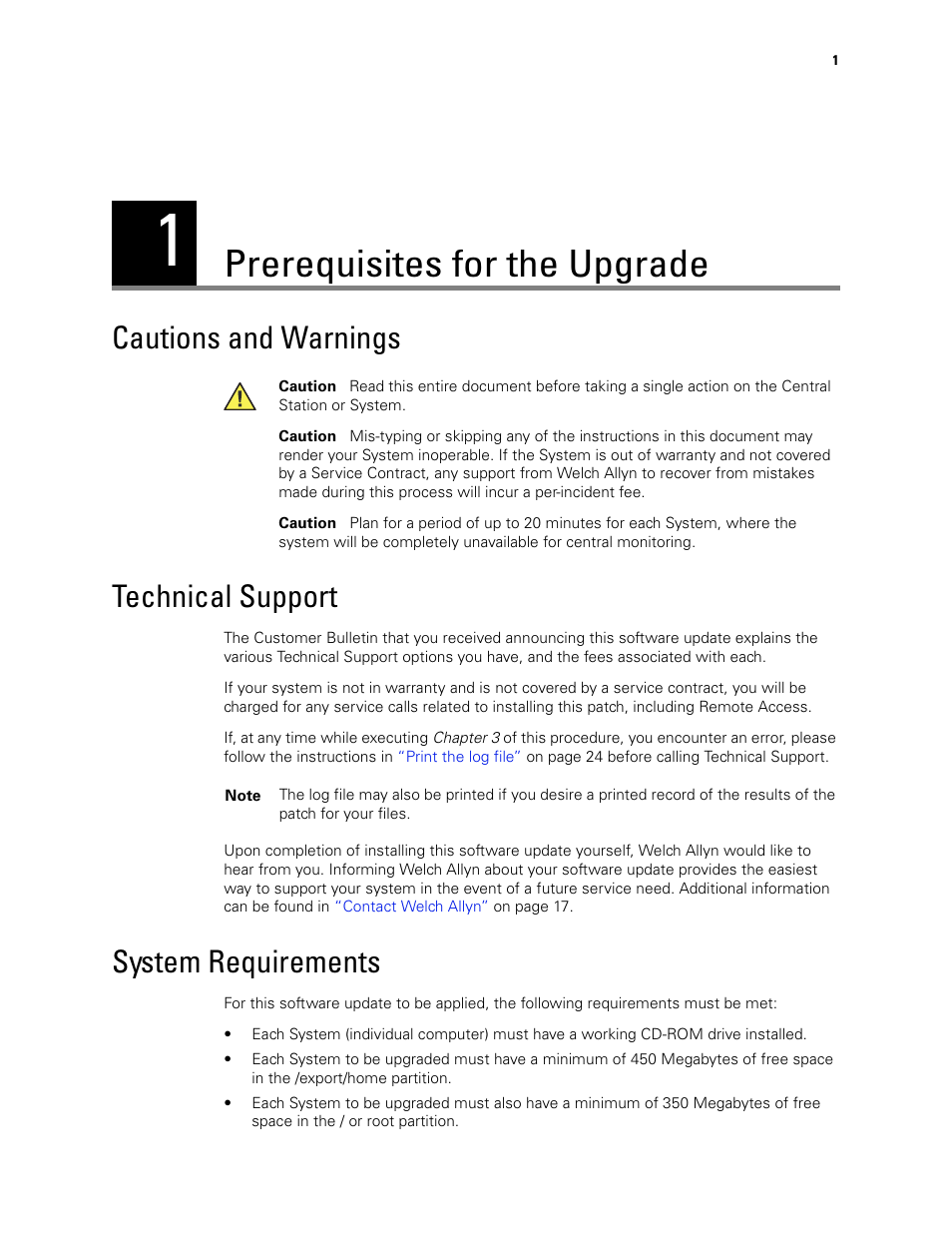 Prerequisites for the upgrade, Cautions and warnings, Technical support | System requirements, Cautions and warnings technical support | Welch Allyn Acuity Software Upgrade CD - Installation Guide User Manual | Page 5 / 28