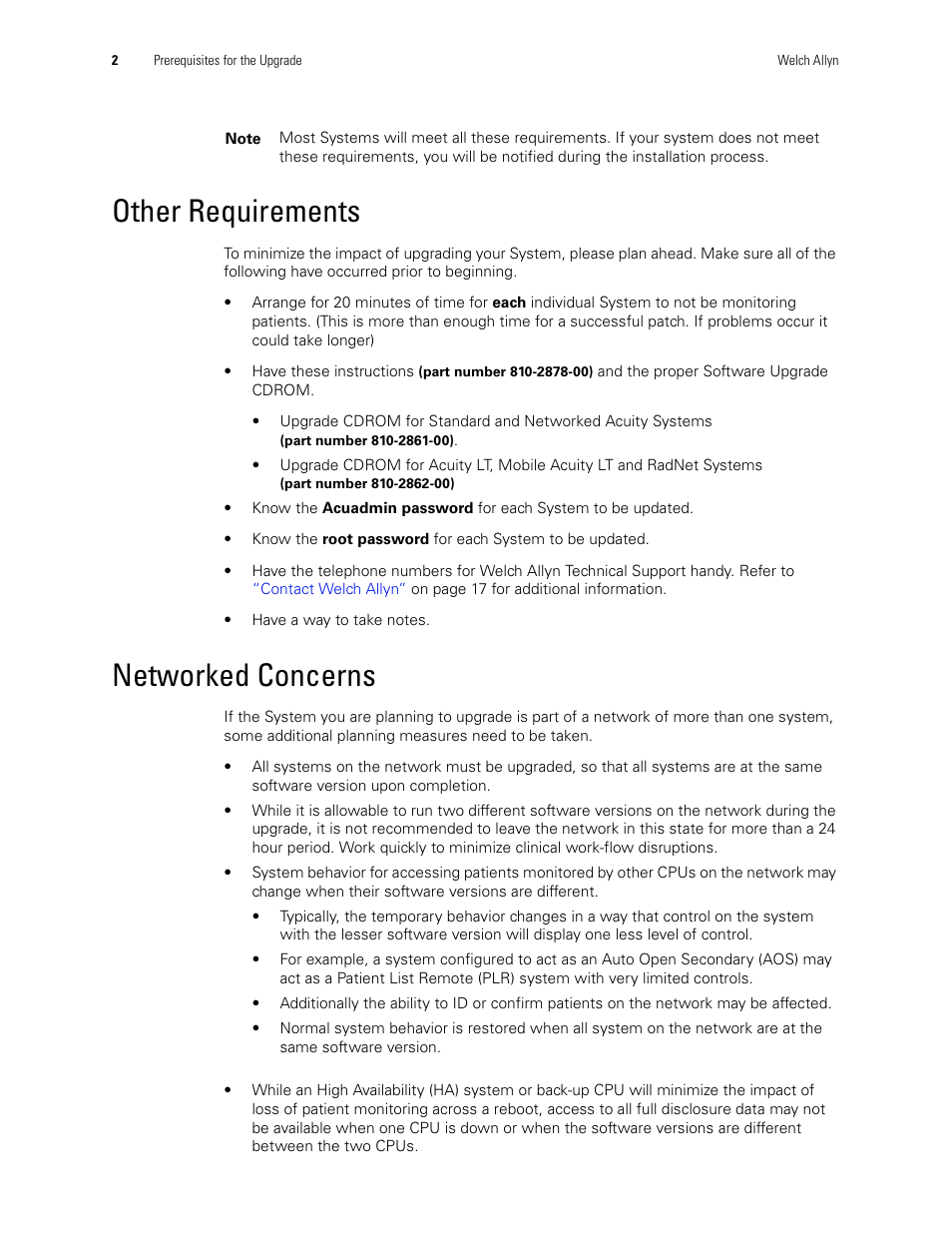 Other requirements, Networked concerns | Welch Allyn Acuity Software Upgrade CD - Installation Guide User Manual | Page 6 / 28