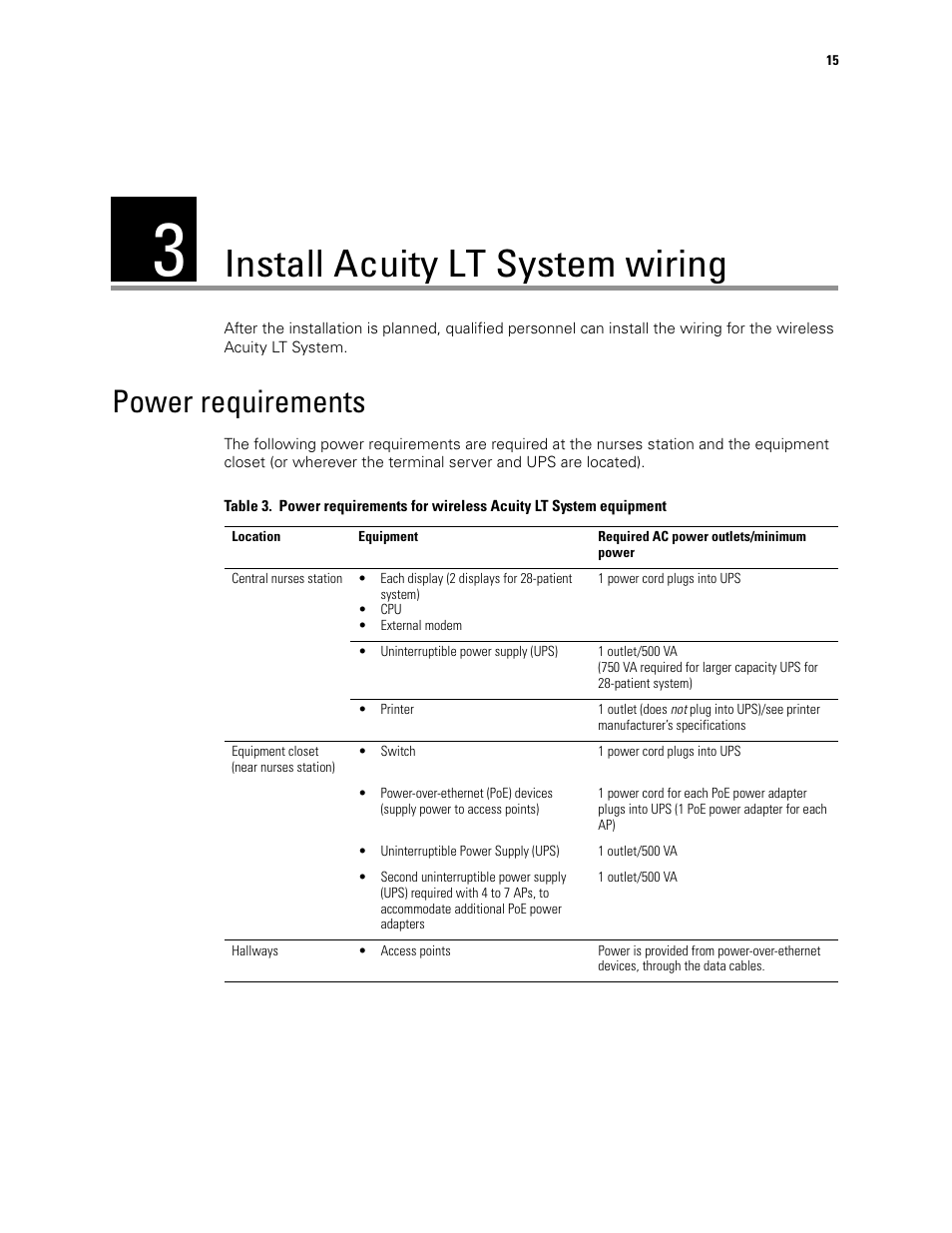 Install acuity lt system wiring, Power requirements, 3 - install acuity lt system wiring | Welch Allyn Acuity LT Mobile - Installation Guide User Manual | Page 19 / 64